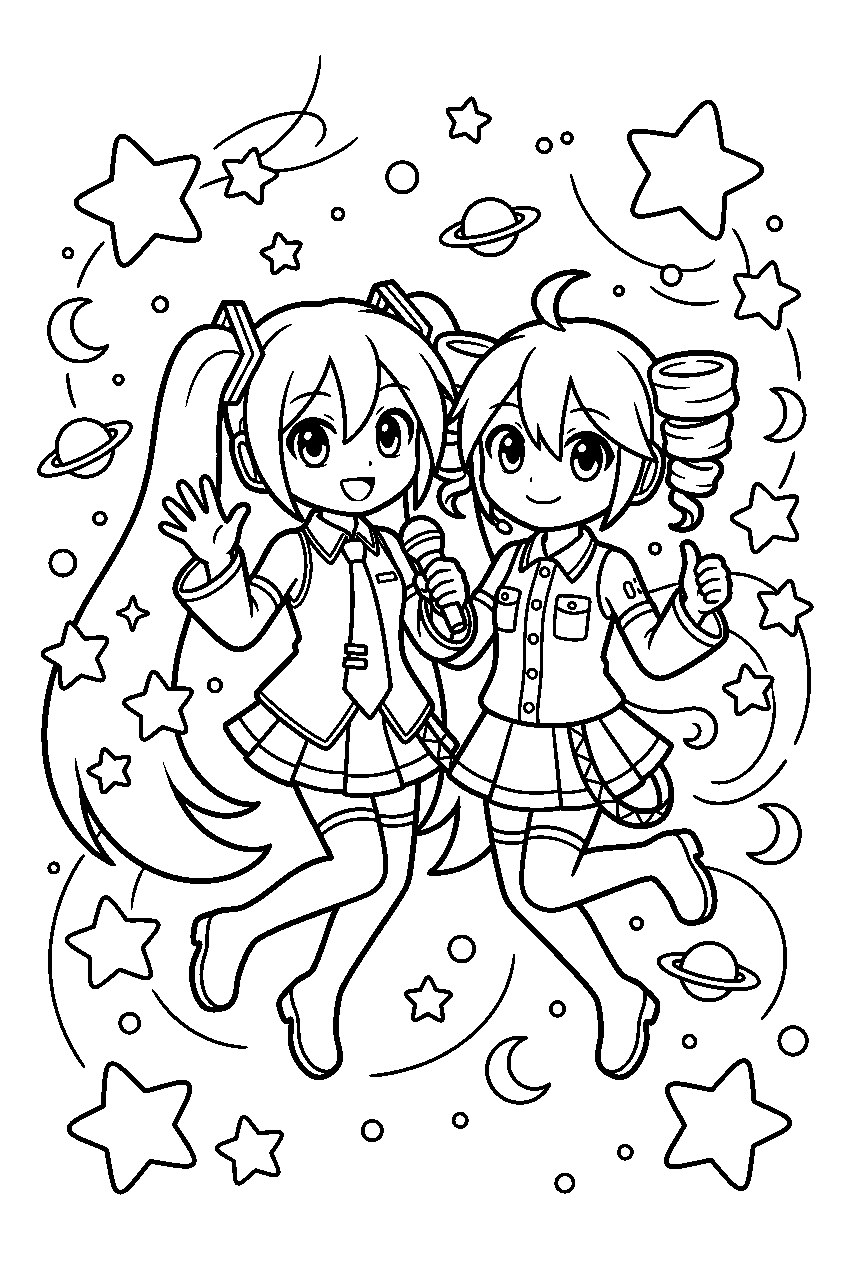 miku and teto among the stars line art