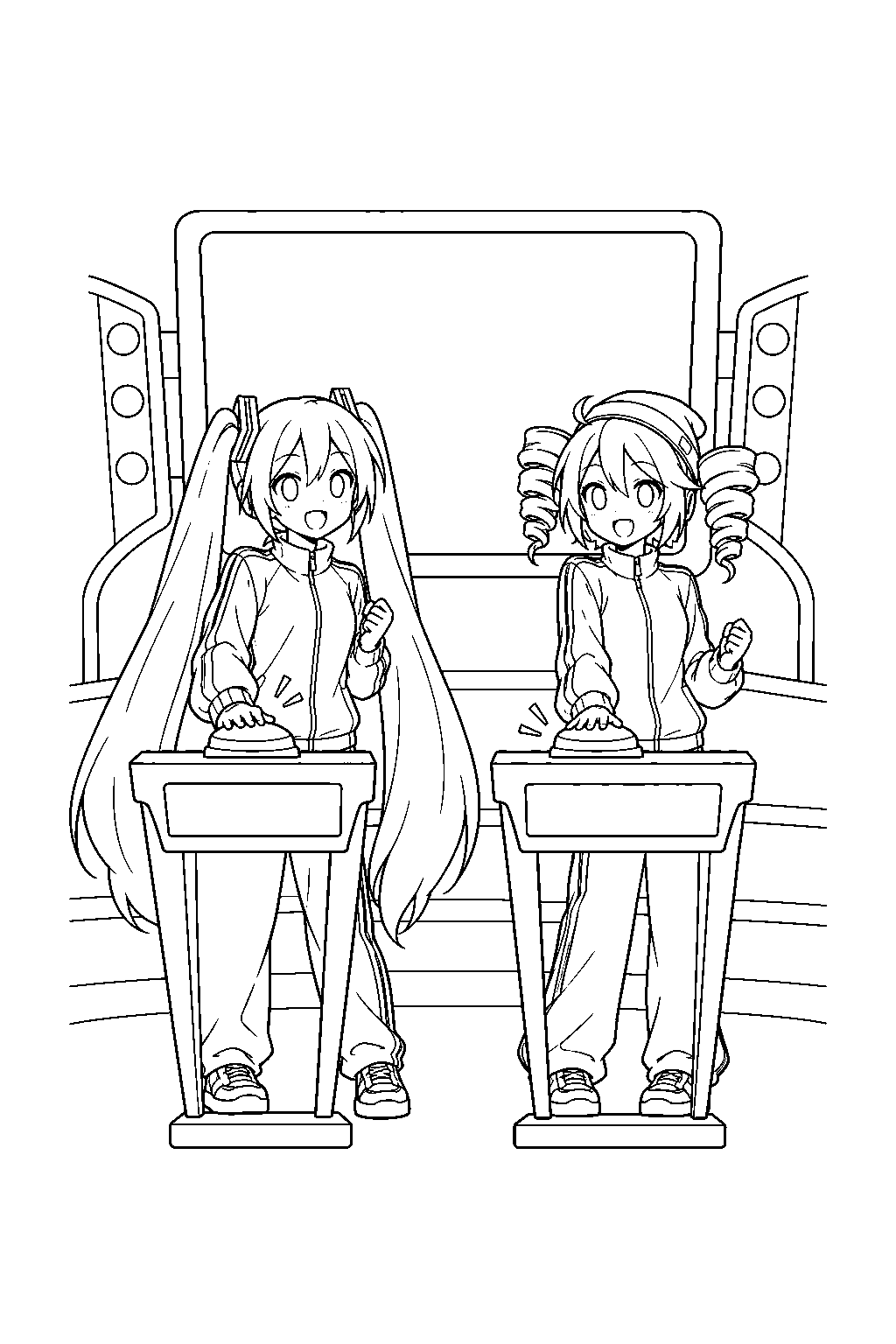 miku and teto answering a pokemon quiz at their facade question game show podiums line art