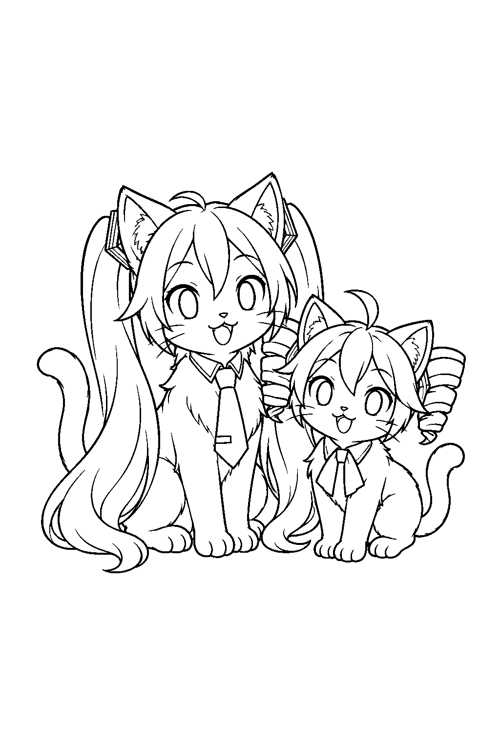 miku and teto as cute cats with miku s twin tail hair and teto s twin drill hair line art