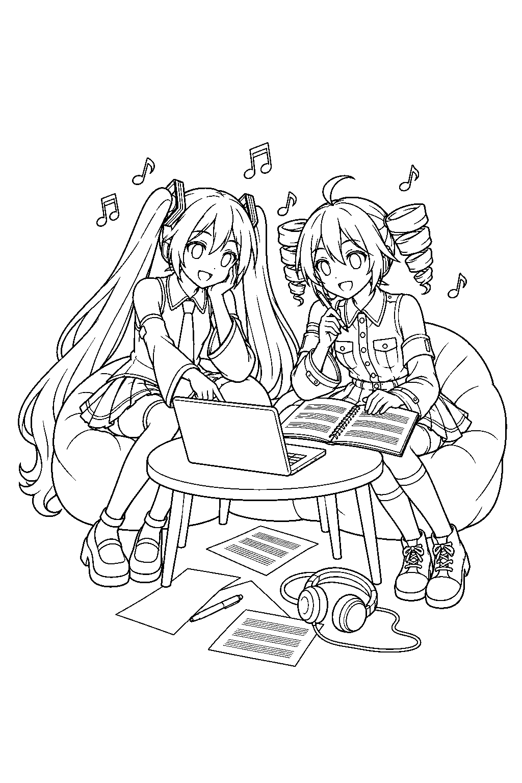 miku and teto composing a song together with a laptop and a music notebook line art