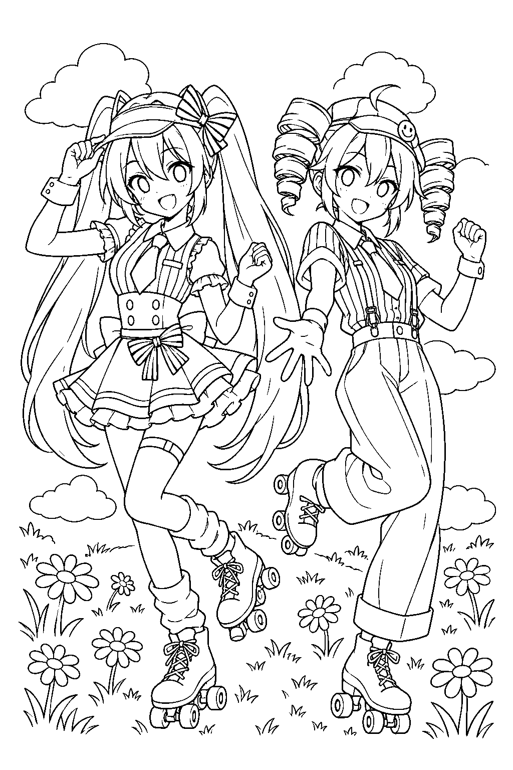miku and teto dancing in their mesmerizer outfits on a grassy set with daisies and cartoon clouds line art