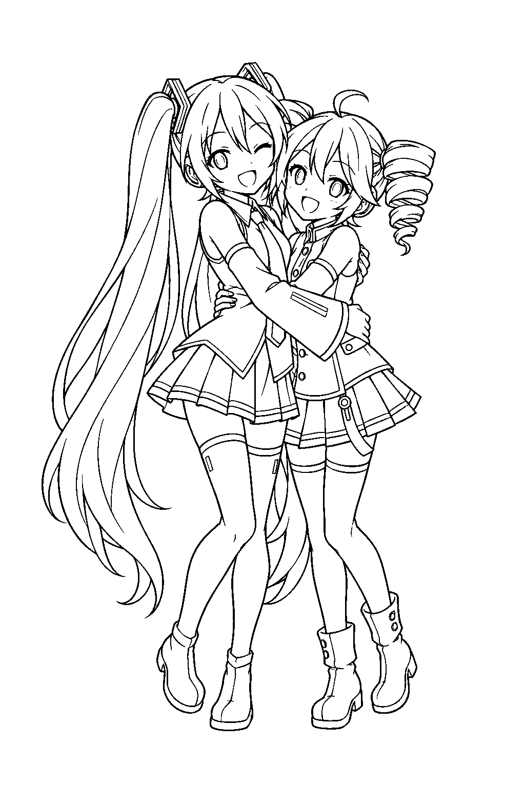 miku and teto hugging each other in their classic outfits line art