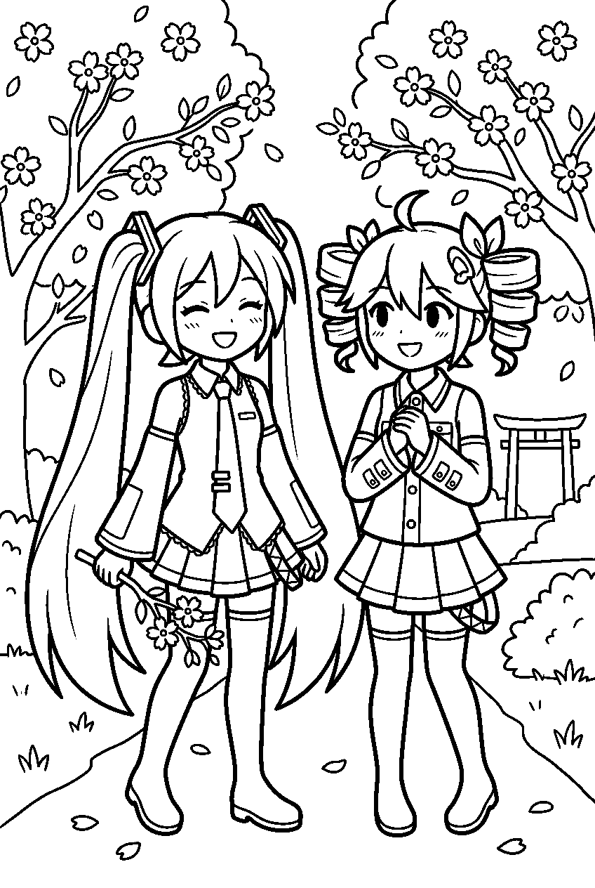 miku and teto in cherry blossom garden line art