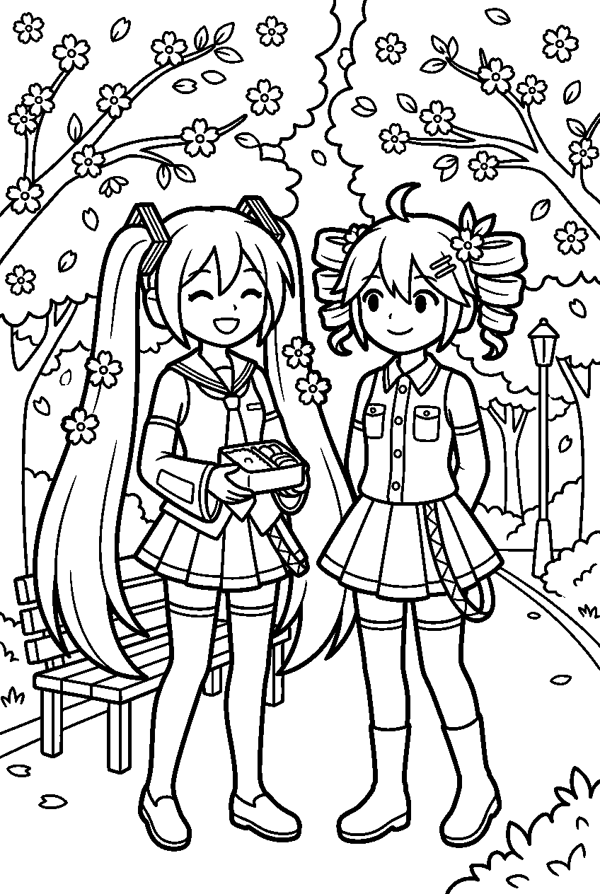 miku and teto in cherry blossom park line art
