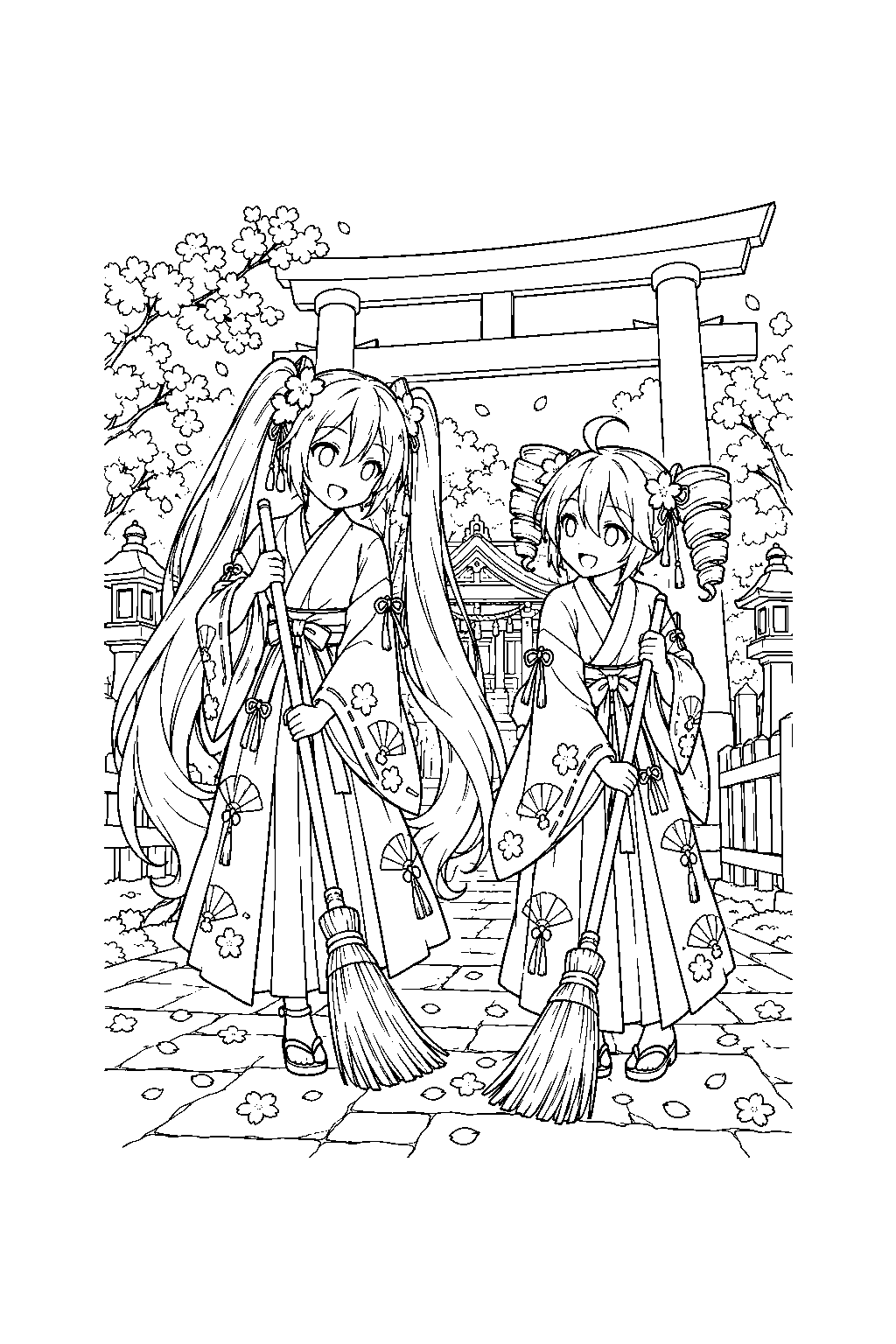 miku and teto in cherry blossom shrine maiden outfits sweeping a path beside a torii gate line art