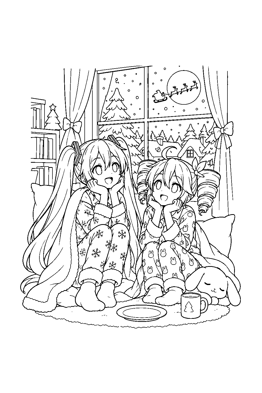 miku and teto in christmas pajamas waiting for santa beside a snowy window line art