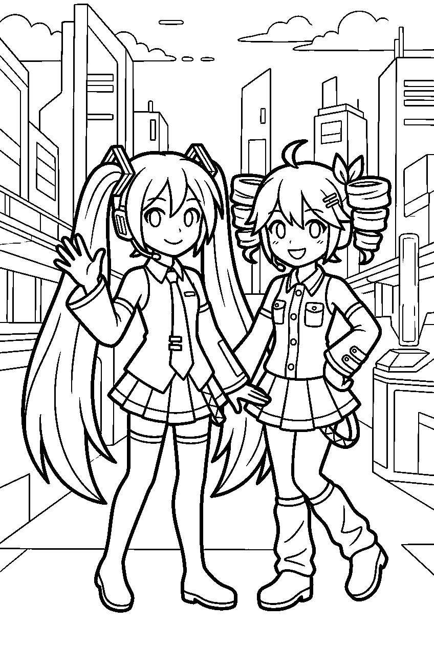 miku and teto in cyber city line art