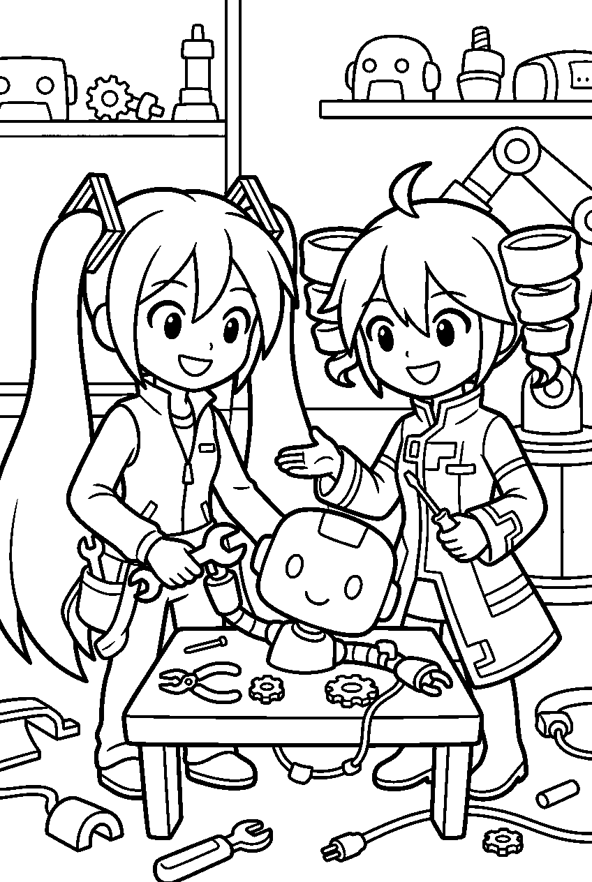 miku and teto in robot workshop line art