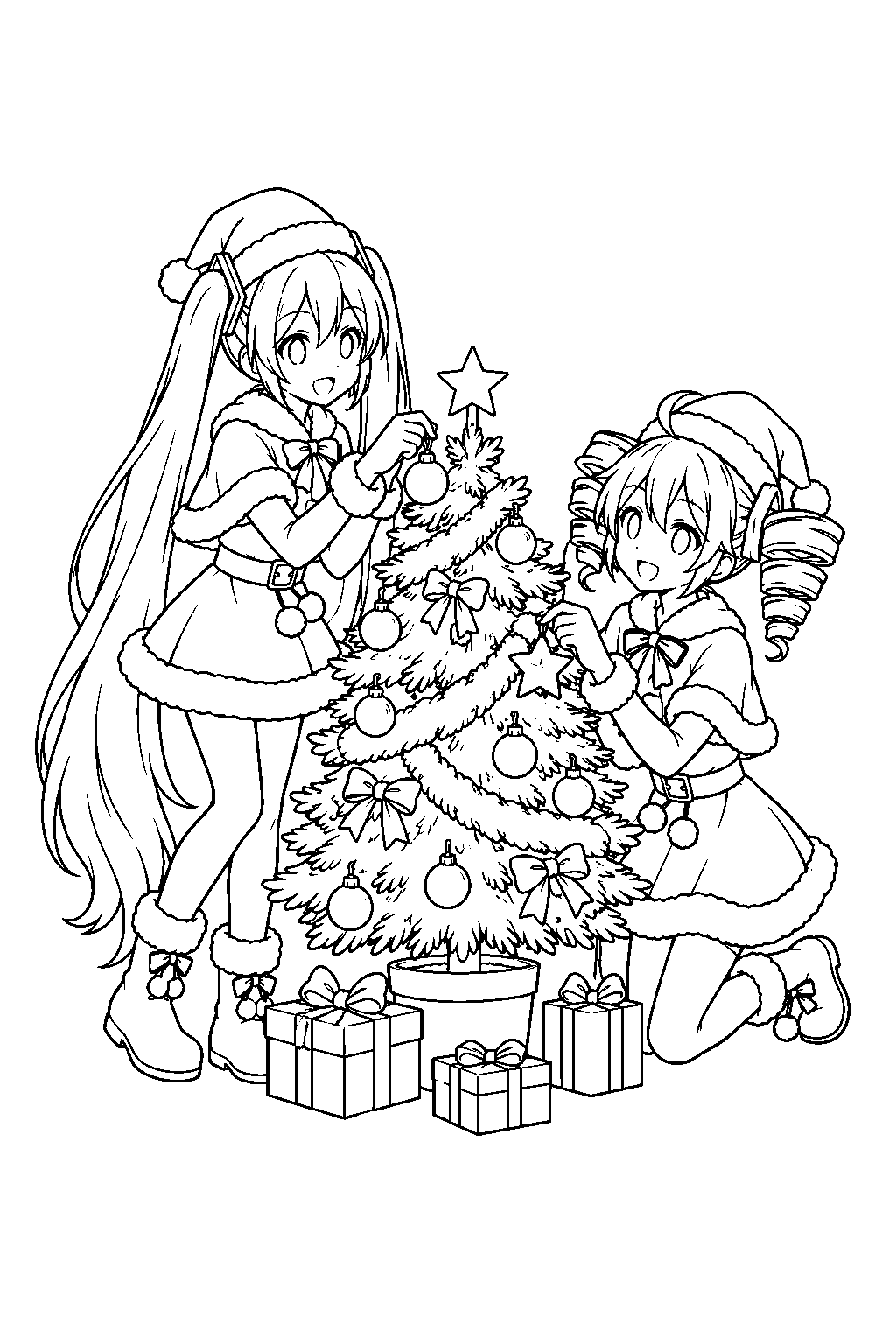 miku and teto in santa costumes decorating a christmas tree line art