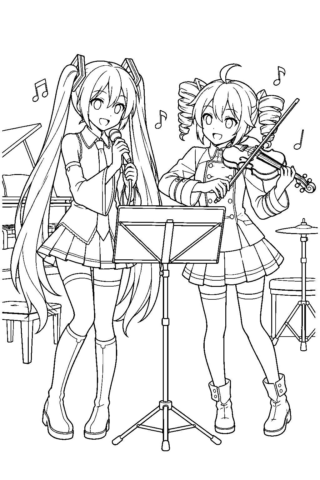 miku and teto in school uniforms rehearsing with a music stand in a school music club line art