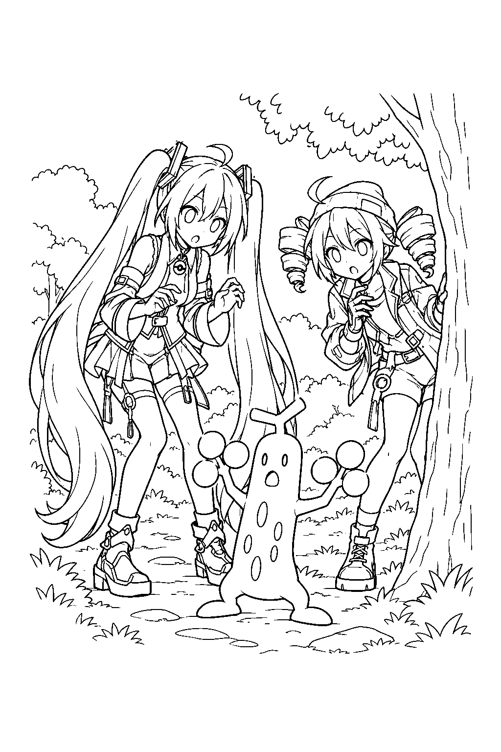 miku and teto in their facade question trainer outfits discovering a disguised sudowoodo line art