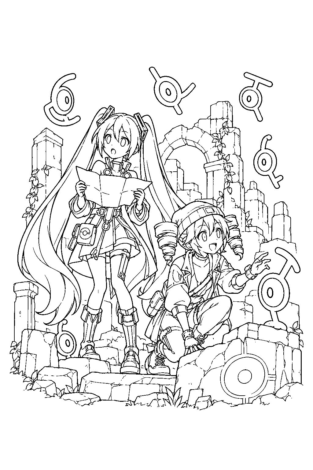 miku and teto in their facade question trainer outfits exploring ruins surrounded by unown line art