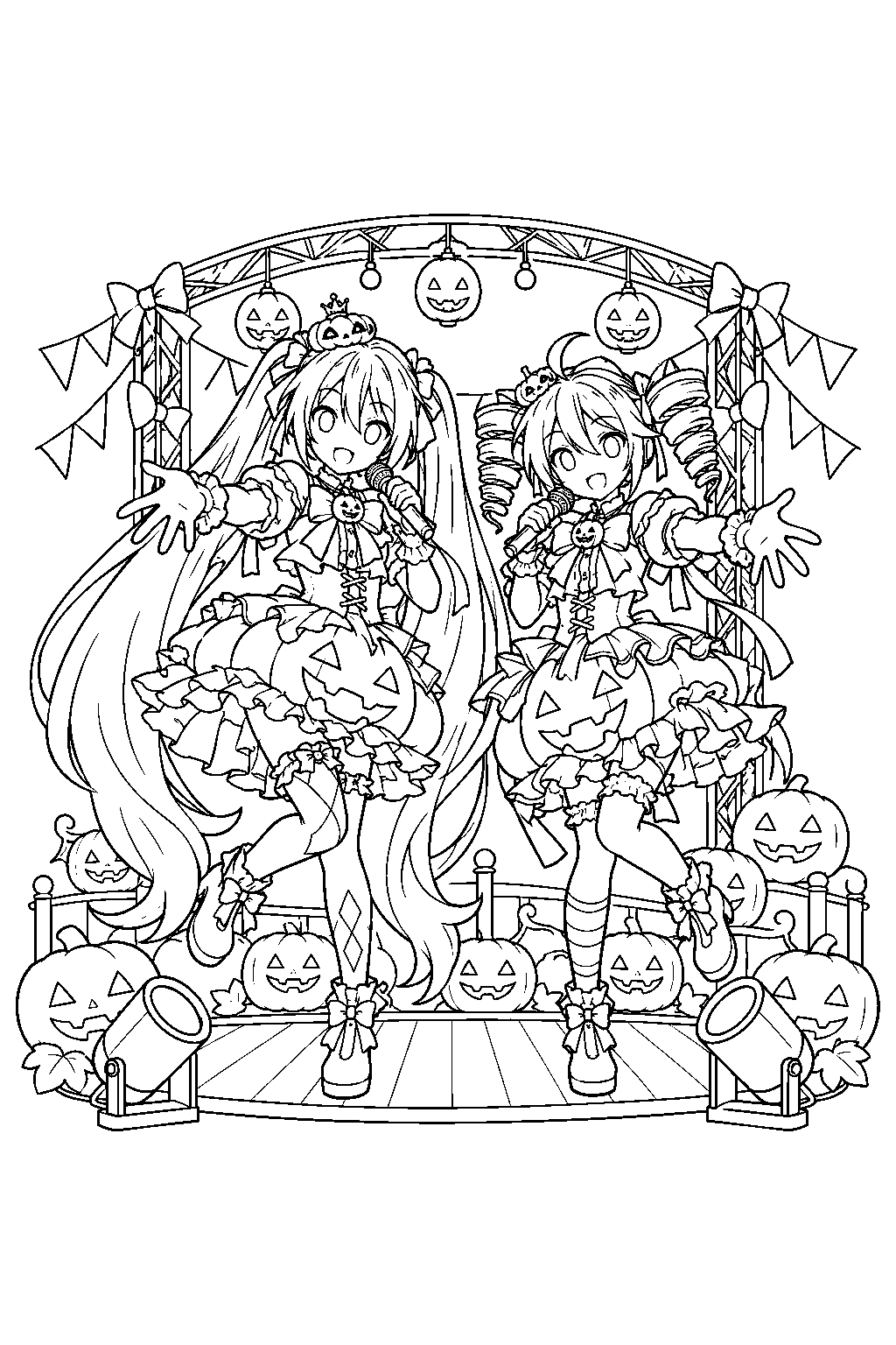 miku and teto in their king o lantern costumes performing at a halloween festival line art