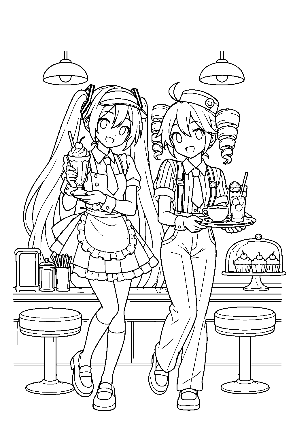 miku and teto in their mesmerizer diner uniforms serving drinks at a cafe counter line art