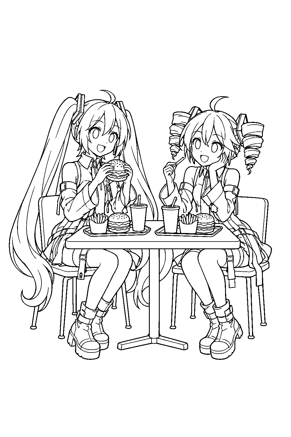 miku and teto in their obsolete meat outfits sitting at a table with burgers and fries line art