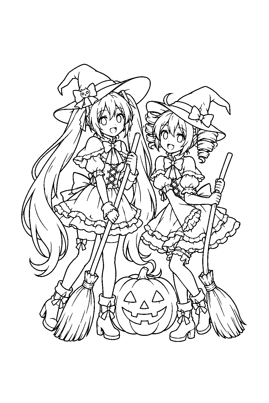 miku and teto in witch costumes with broomsticks and a jack o lantern line art