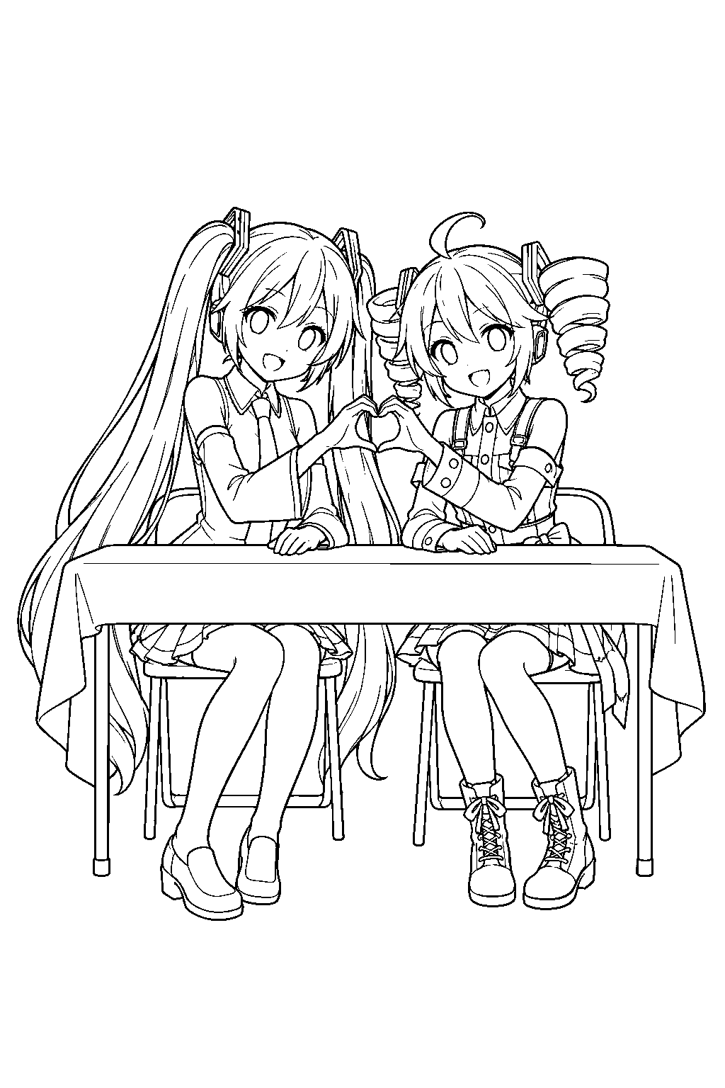 miku and teto making a heart together with their hands at a fan meeting table line art