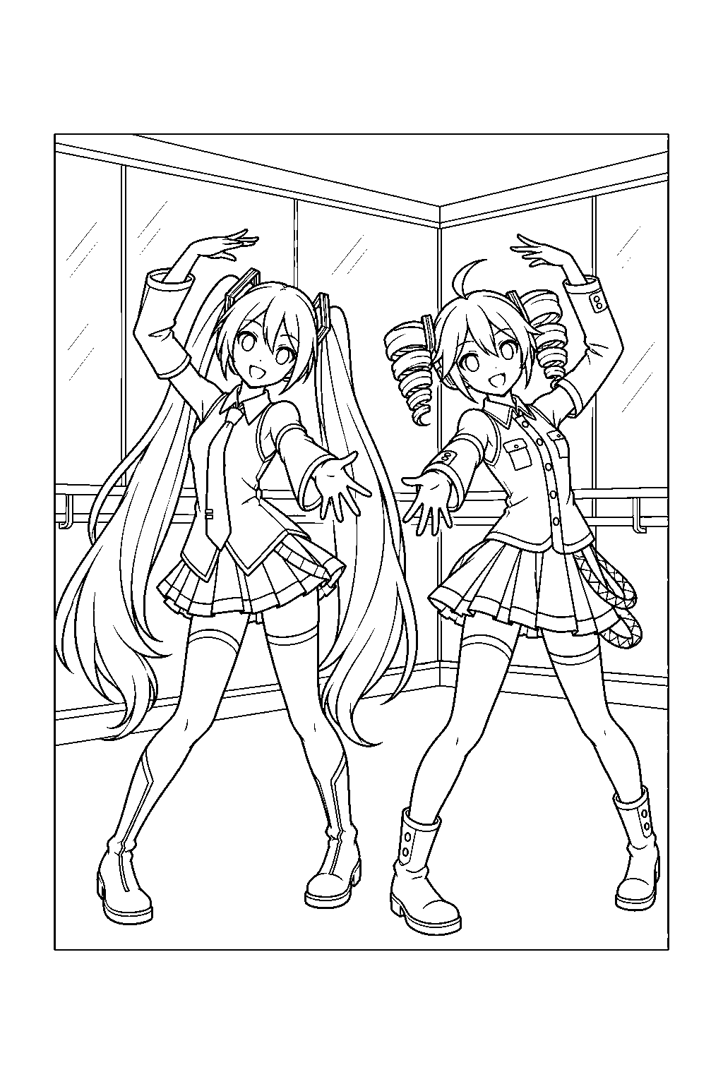 miku and teto practicing a synchronized dance in a mirrored rehearsal studio line art
