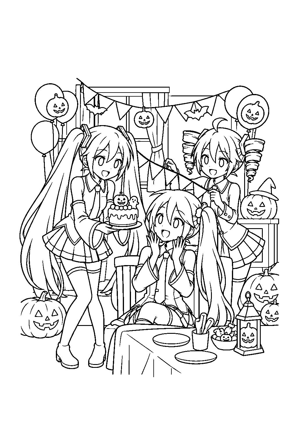 miku and teto preparing a surprise birthday party for akita neru in king o lantern line art