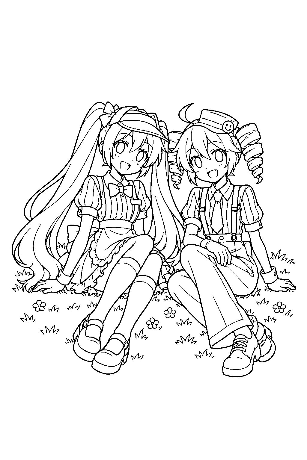 miku and teto resting together on the grass in their mesmerizer outfits line art