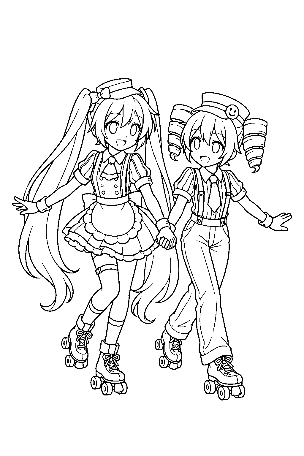 miku and teto roller skating together in their mesmerizer outfits line art