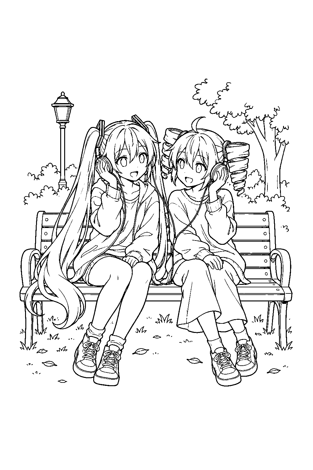 miku and teto sharing headphones while sitting on a park bench in casual clothes line art