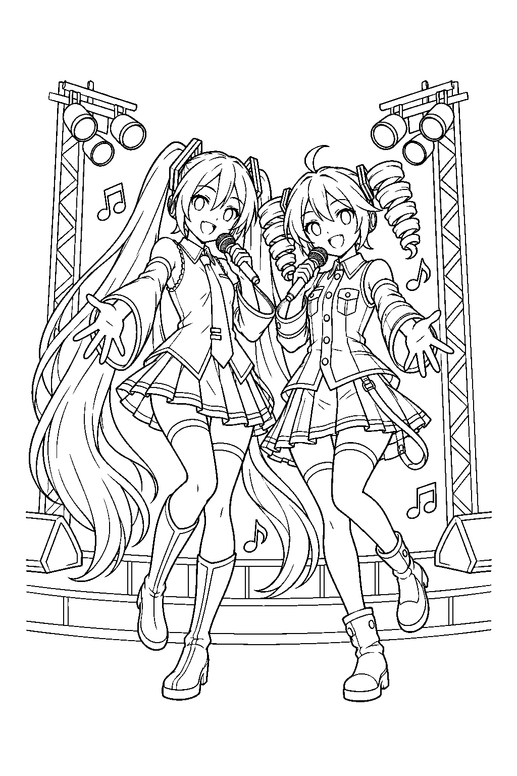 miku and teto singing a duet with handheld microphones on a concert stage line art