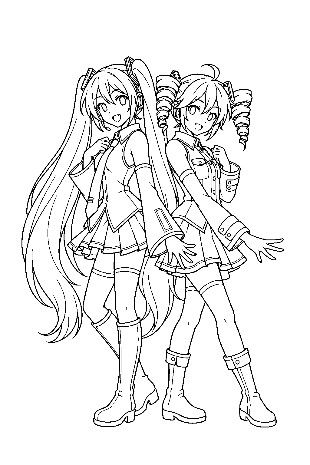 miku and teto standing back to back in their original vocaloid2 and utau outfits line art