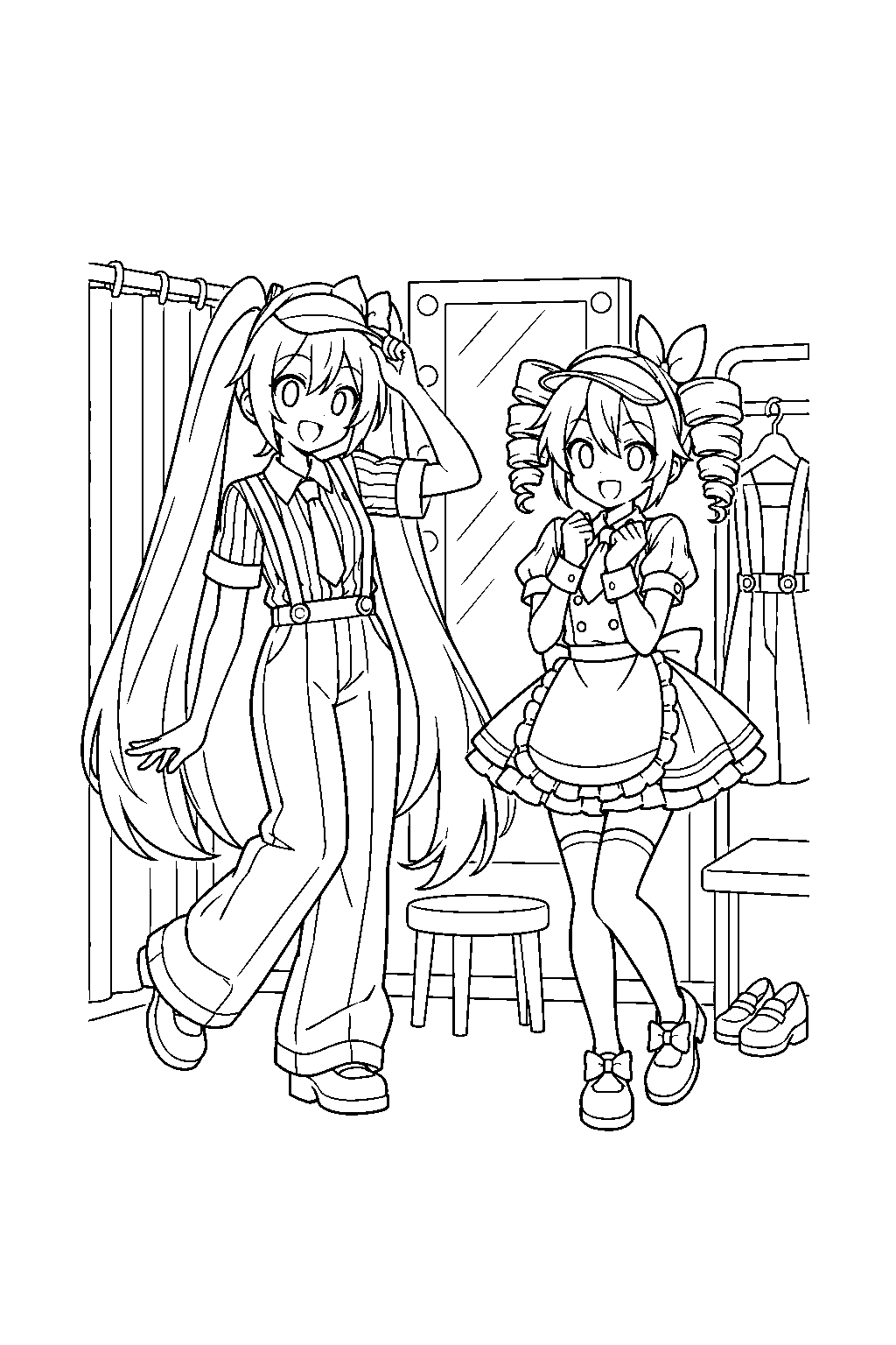 miku and teto swapping their mesmerizer skirt and suspender outfits in a dressing room line art