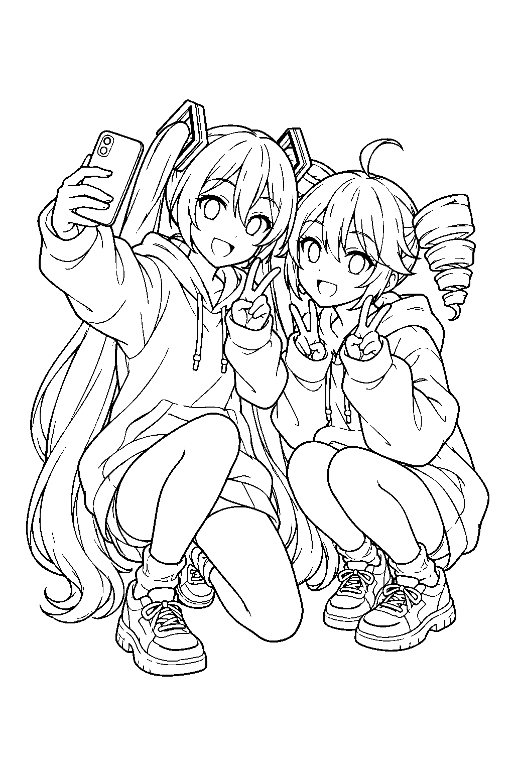 miku and teto taking a selfie together in oversized hoodies line art