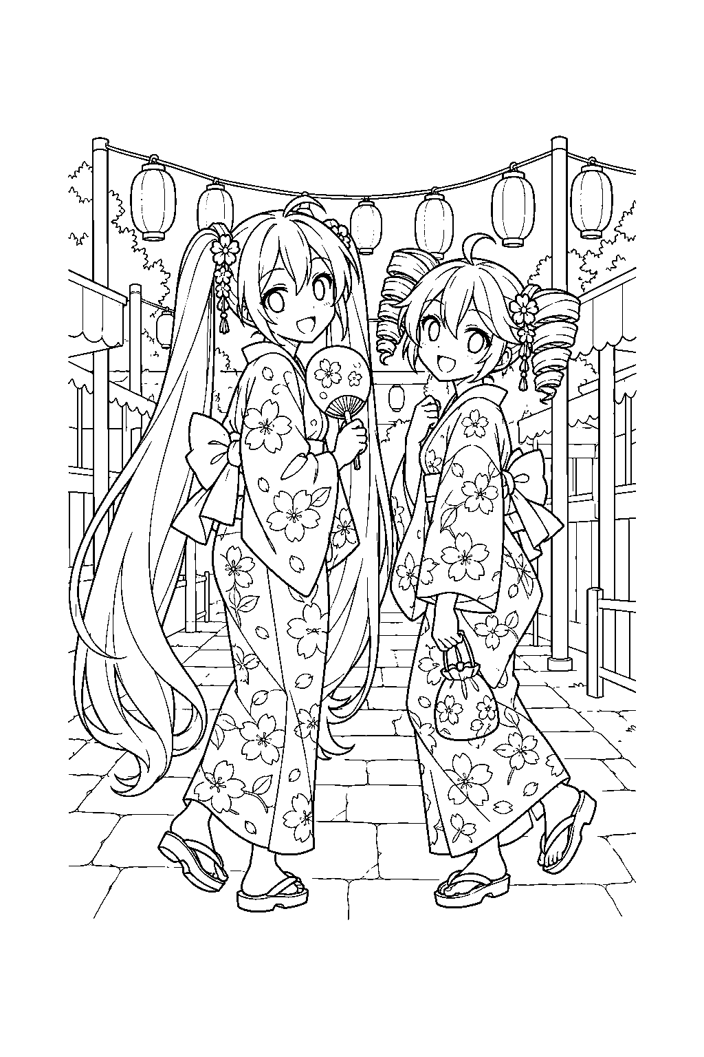 miku and teto wearing floral yukatas at a summer lantern festival line art