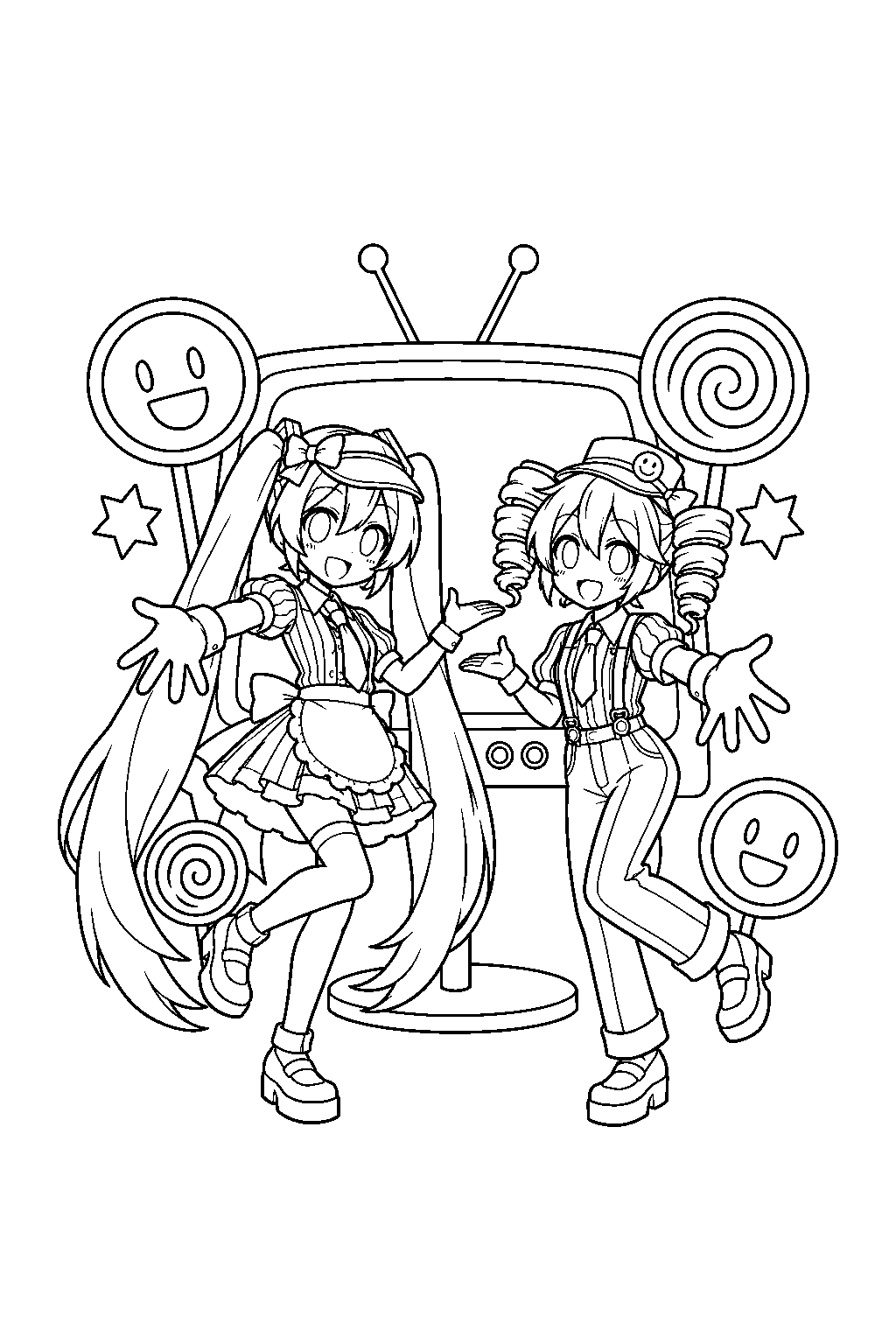 miku and teto welcoming viewers on a mesmerizer television set with smiley faces and spiral signs line art