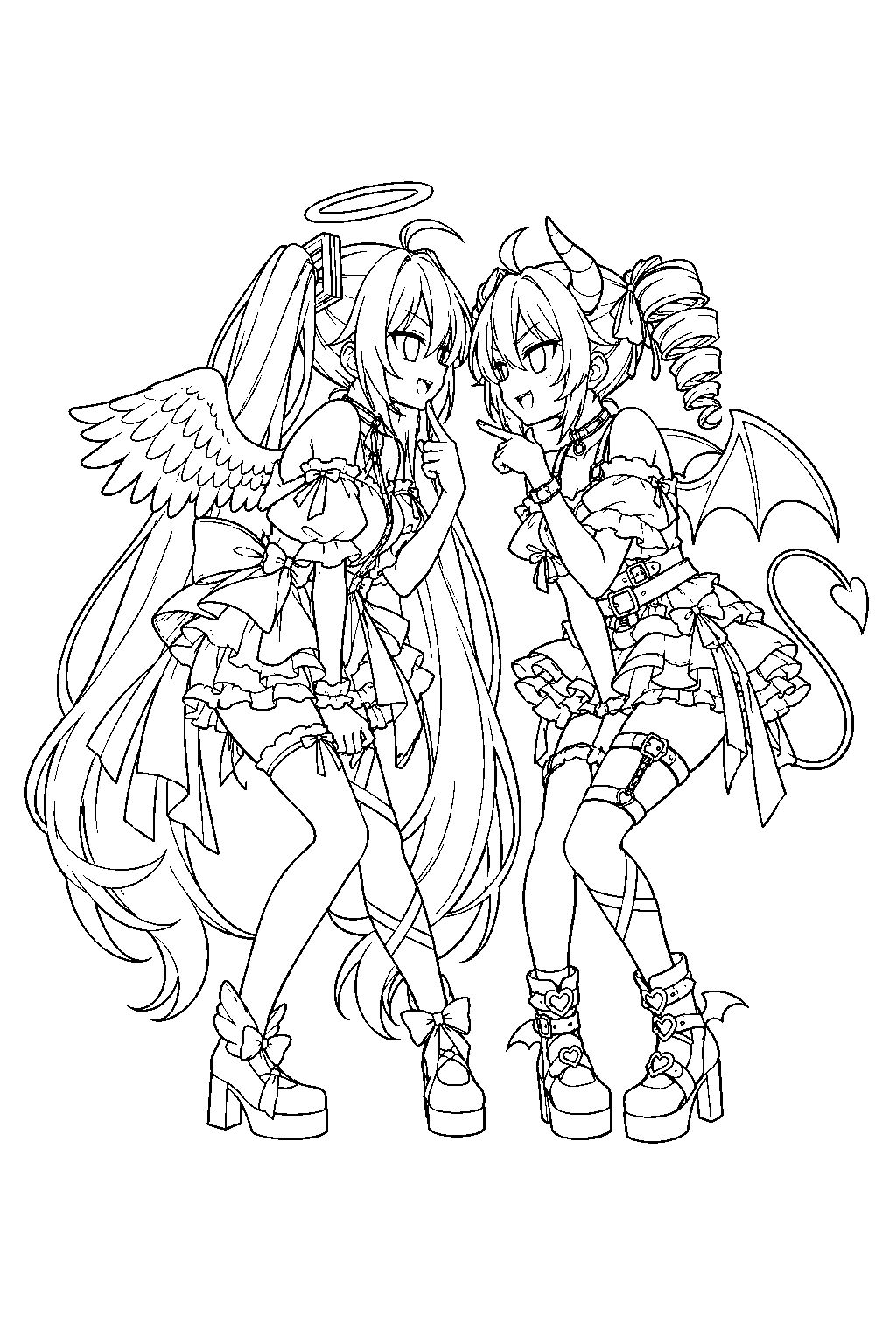 miku as an angel and teto as a devil facing each other in their daidaidaidaidaikirai outfits line art