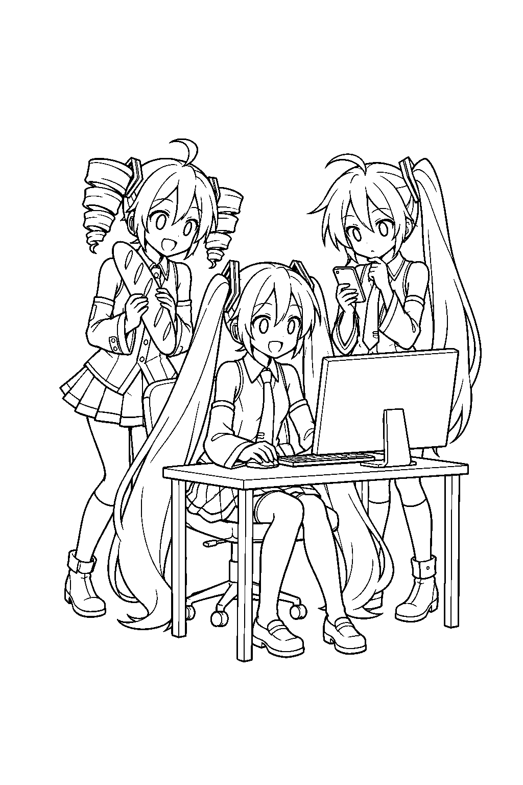 miku at a computer with teto holding a baguette and akita neru checking her phone in triple baka line art