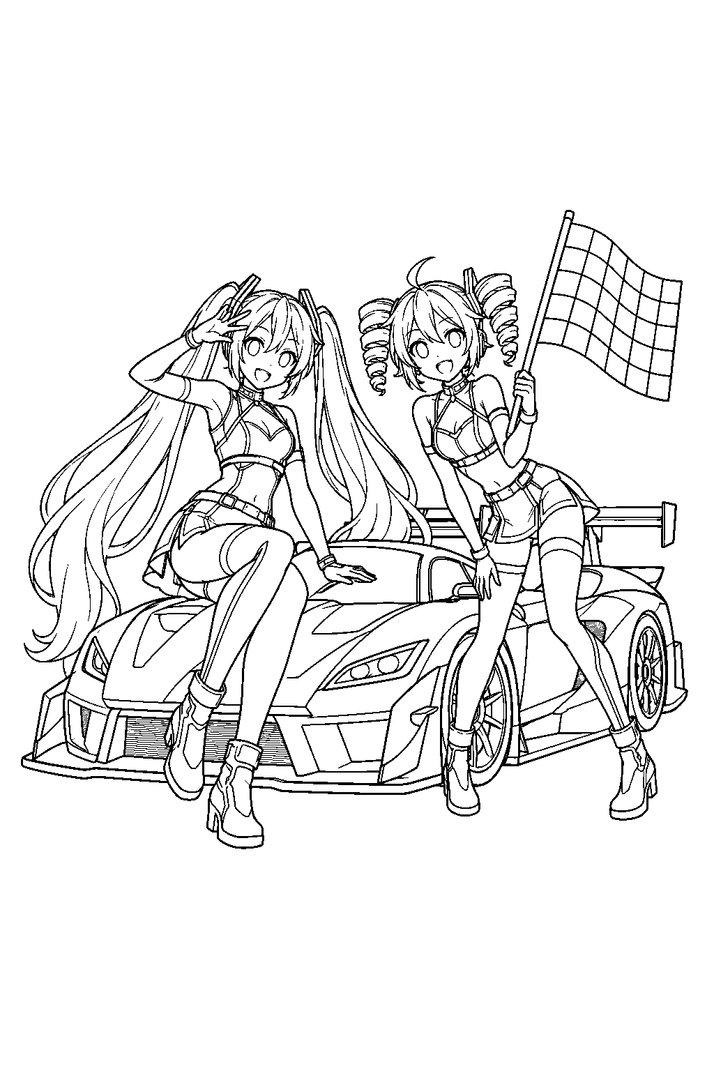 miku in a racing miku outfit and teto in a matching racing costume beside a race car and a checkered flag line art