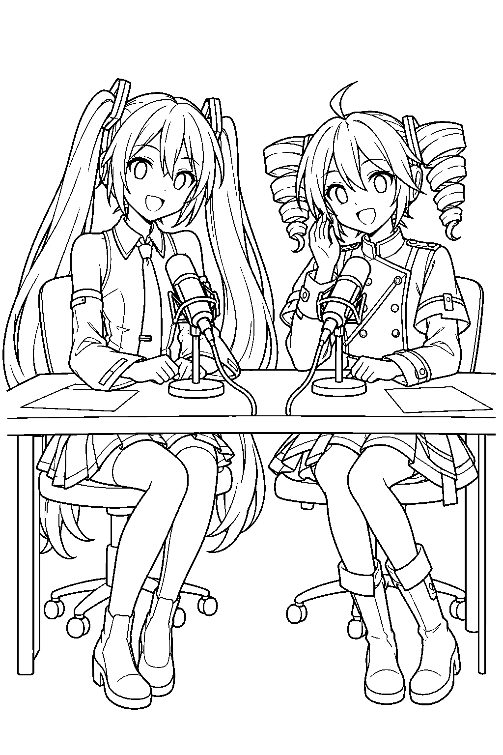 miku nt and voicepeak teto hosting a radio show with desk microphones line art