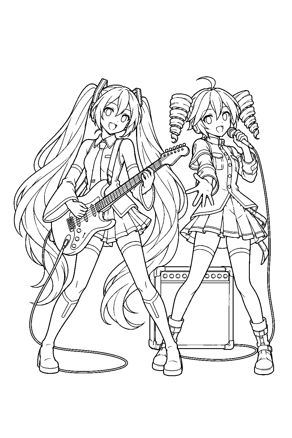 miku playing an electric guitar while teto sings beside a stage amplifier line art