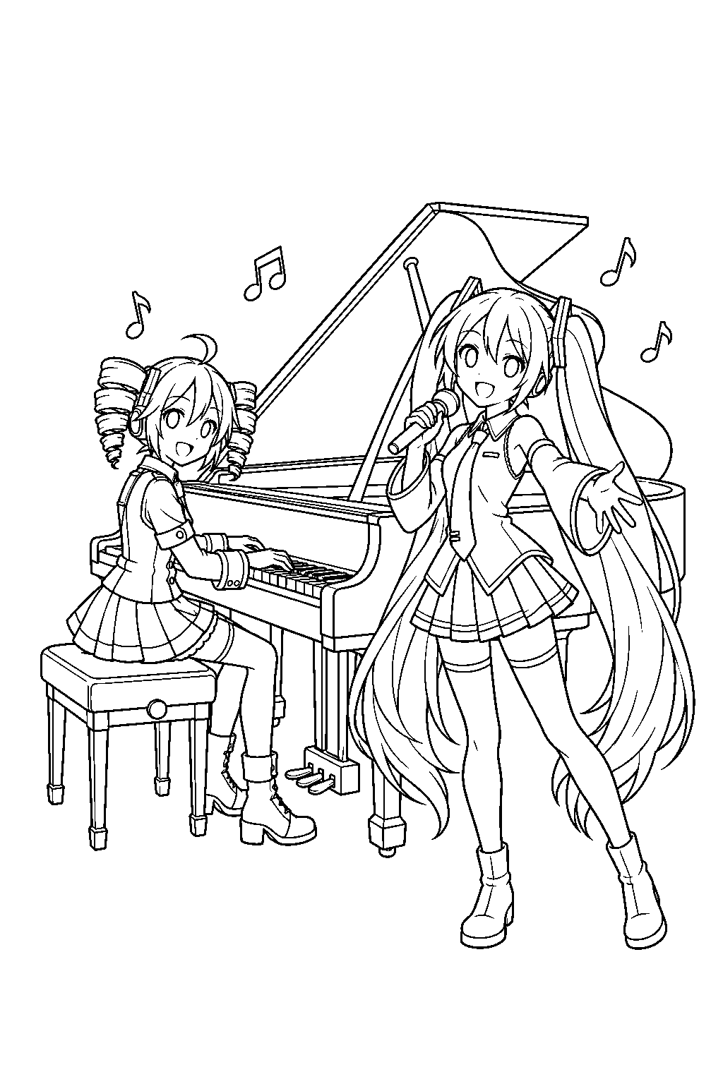 miku singing while teto plays a grand piano in a music room line art