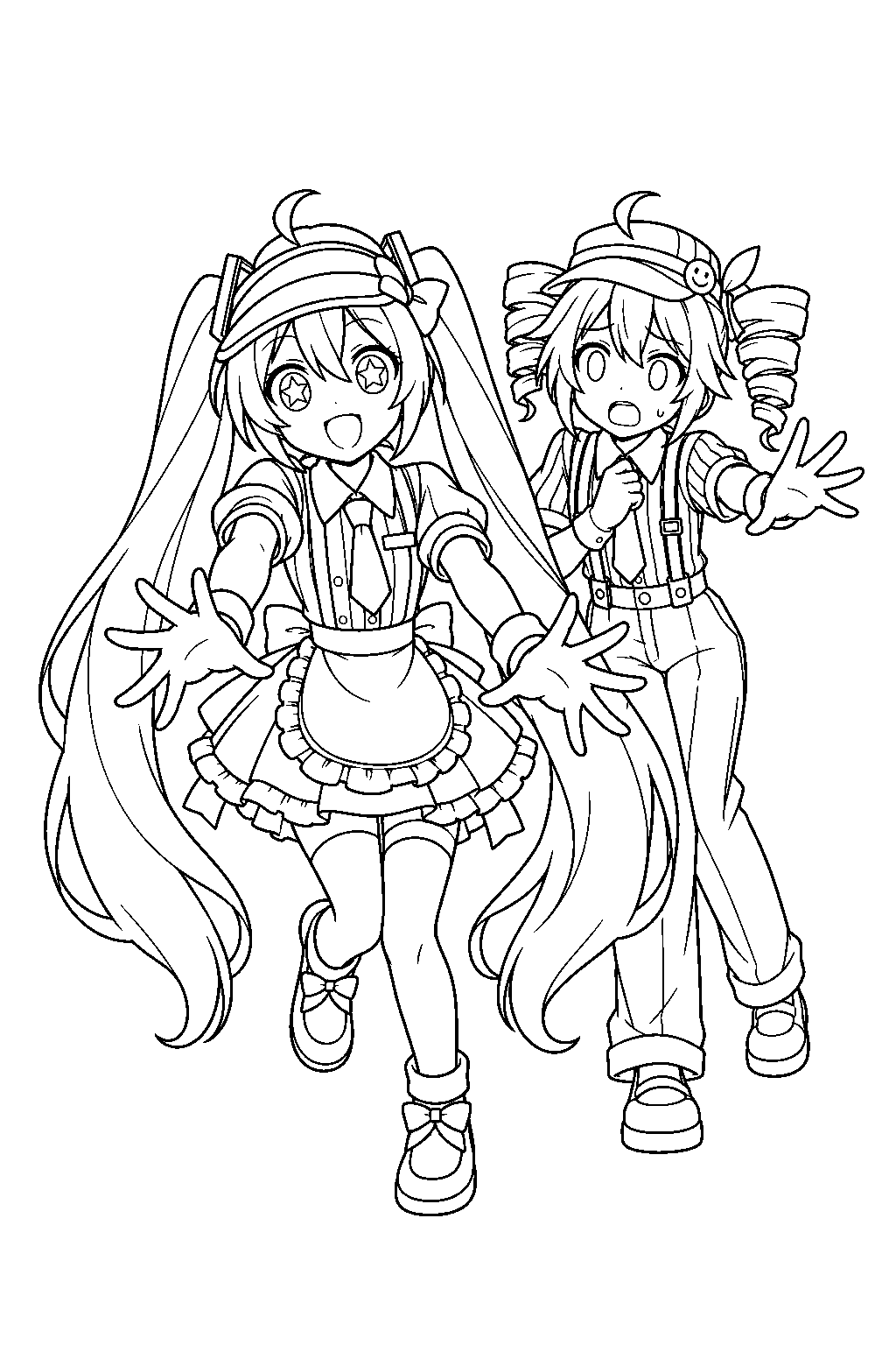 miku with hypnotized star shaped eyes while a worried teto signals for help in mesmerizer line art