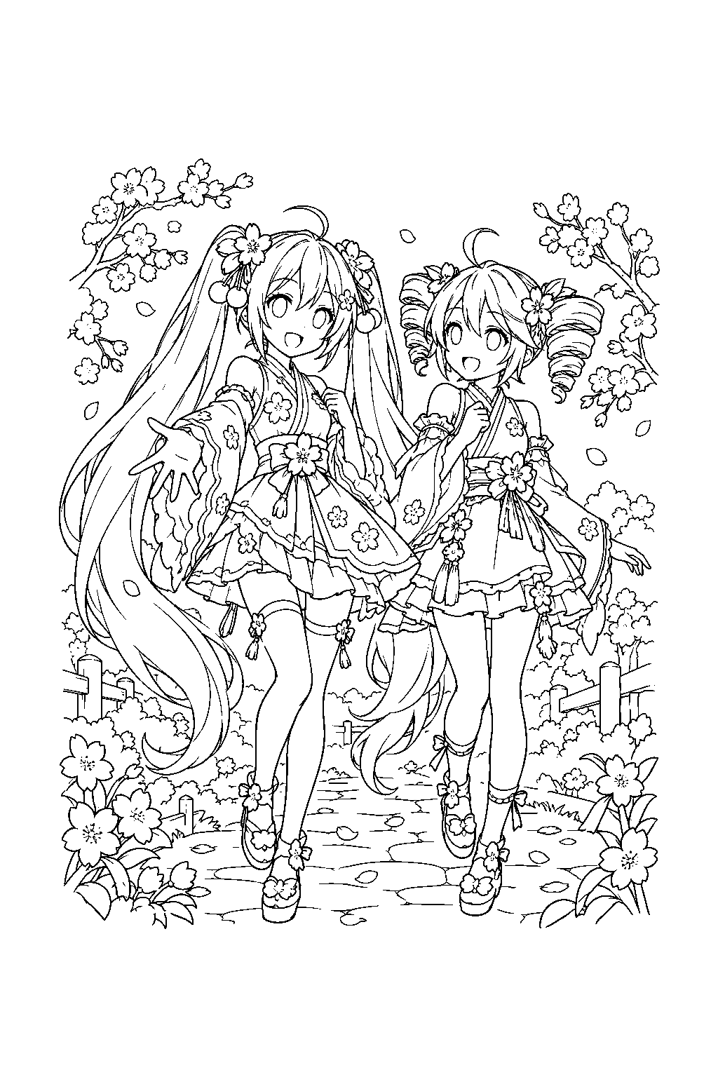 sakura miku and teto in cherry blossom inspired outfits walking through a flowering garden line art