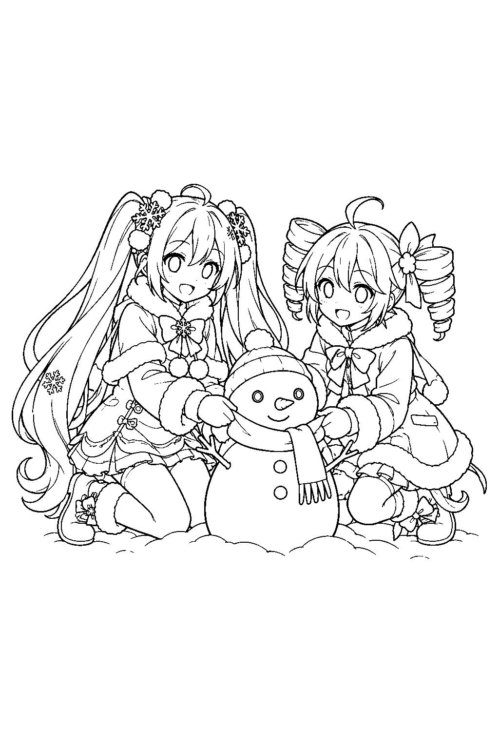 snow miku and teto in winter coats building a snowman together line art