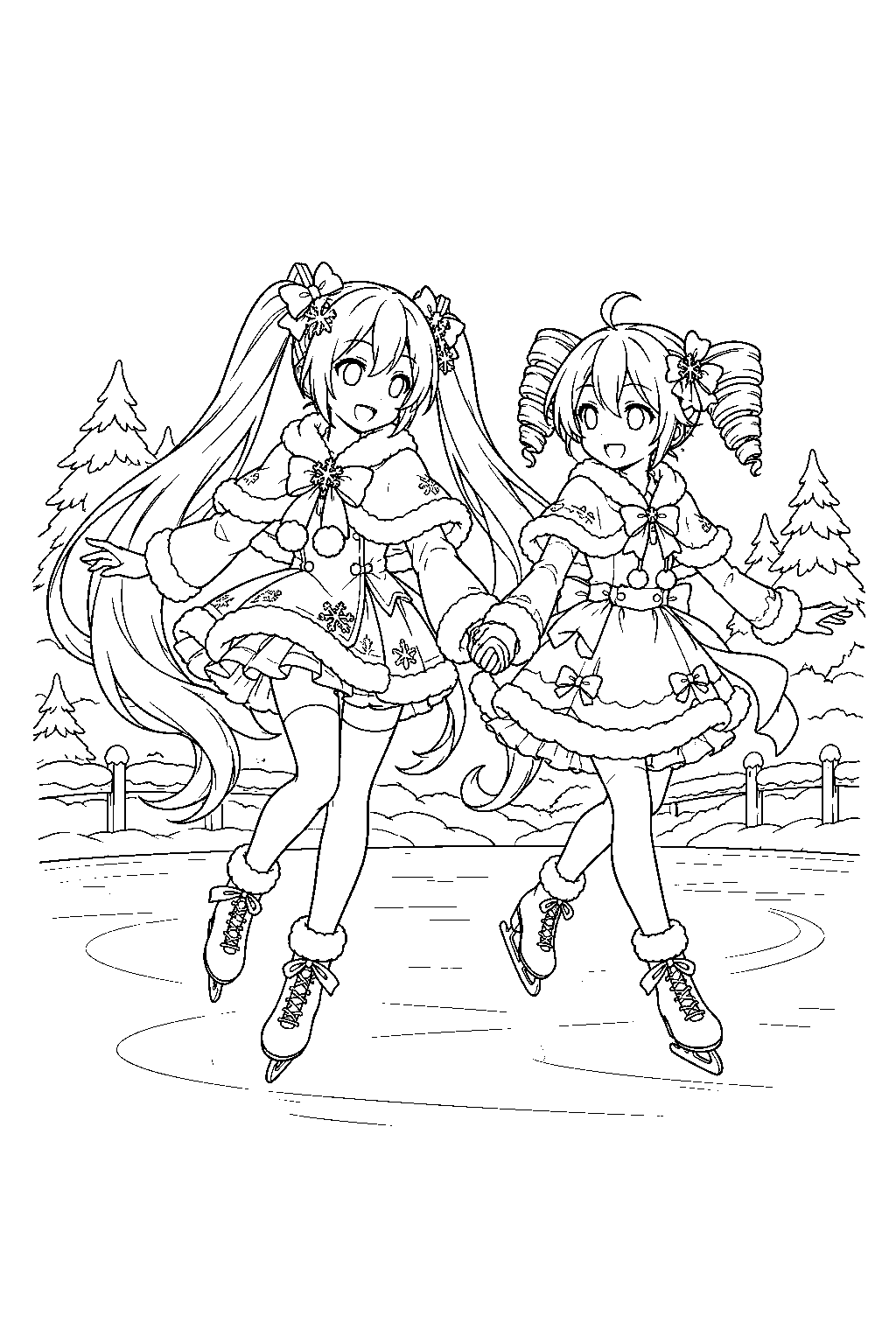 snow miku and teto in winter dresses ice skating on a frozen pond line art