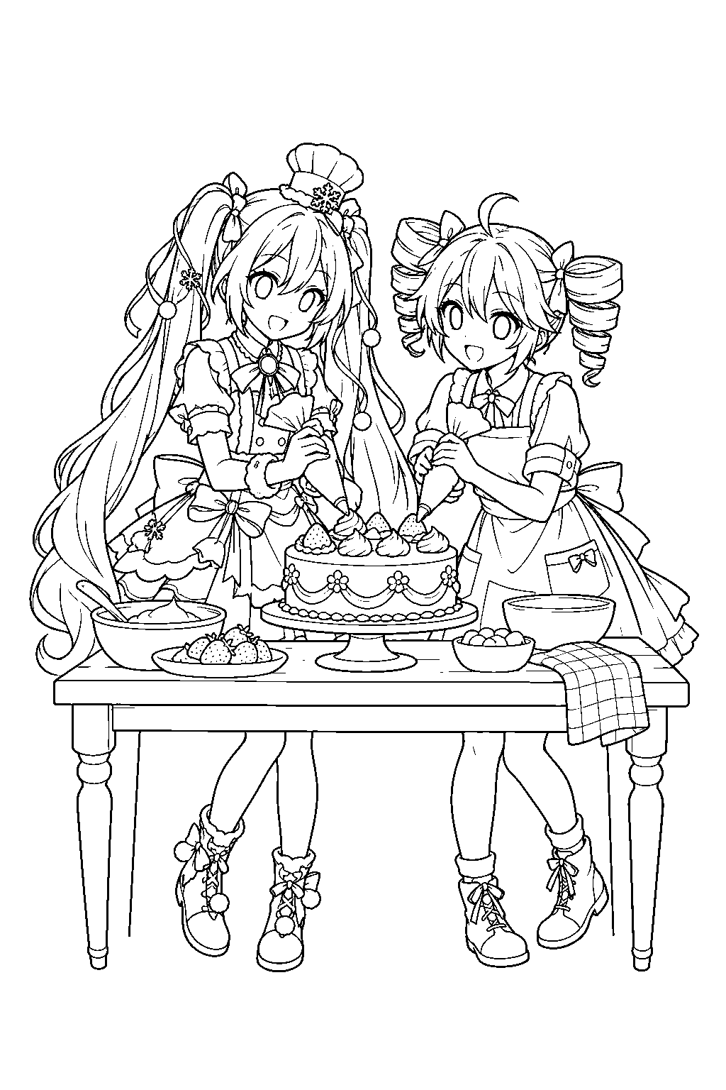 snow miku in her 2026 patisserie outfit and teto in a baker s apron decorating a cake together line art