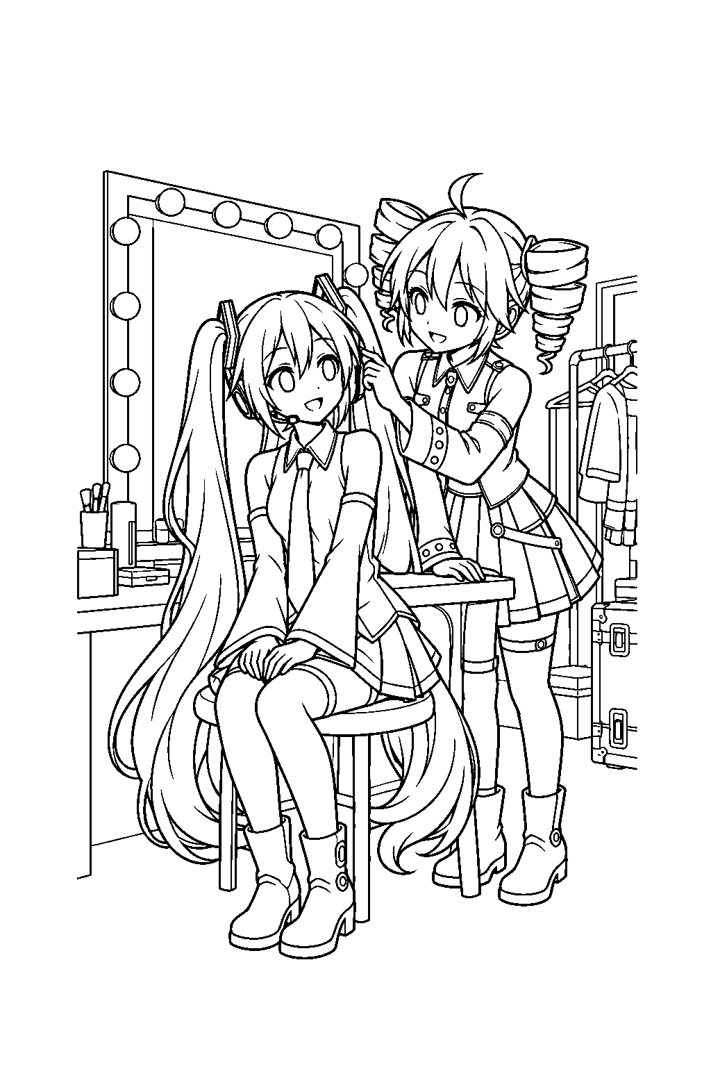 teto adjusting miku s headset while they prepare backstage for a concert line art