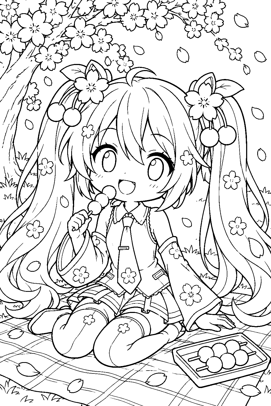 chibi sakura miku eating hanami dango on a picnic blanket beneath cherry blossoms line art