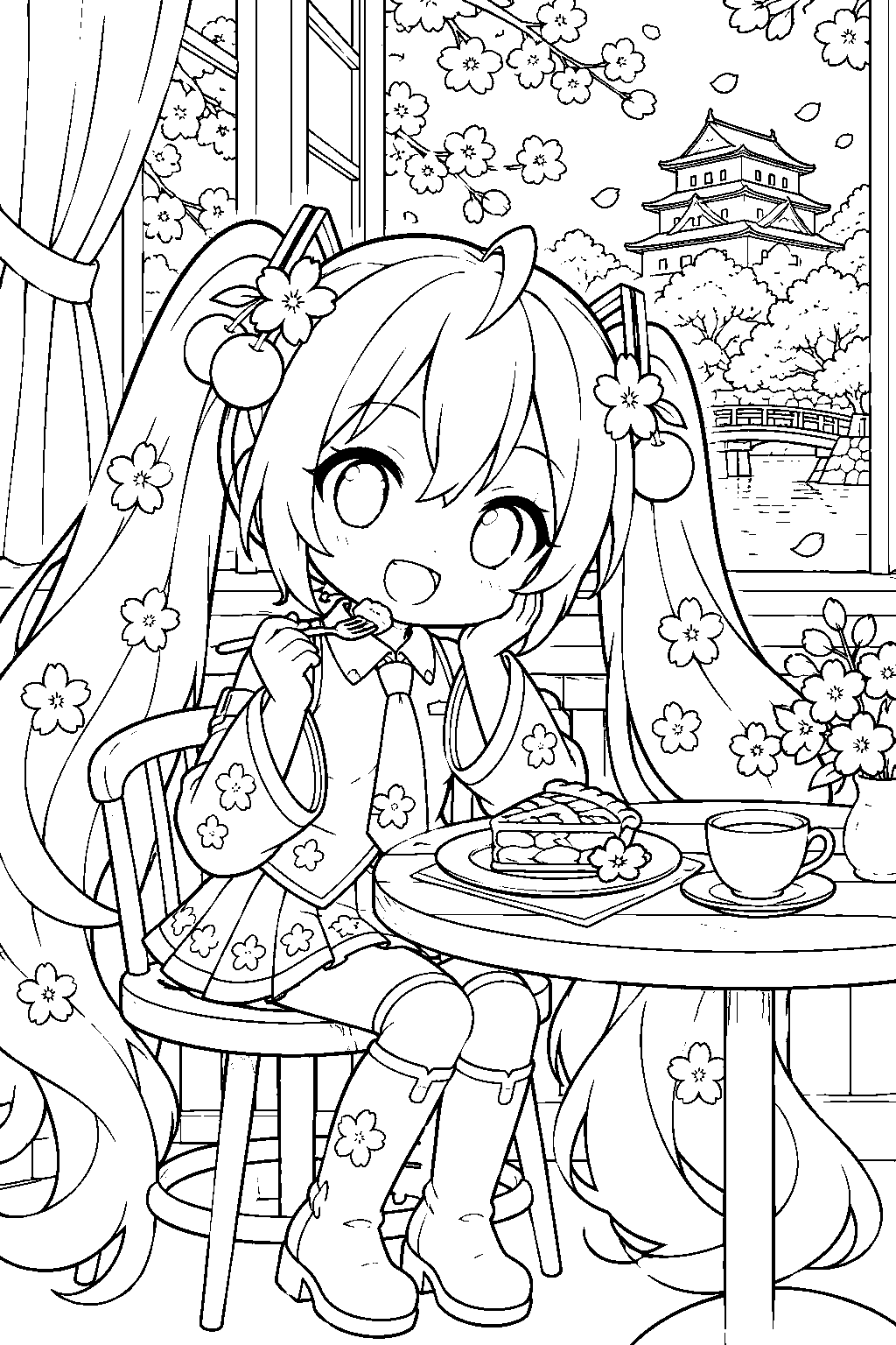 chibi sakura miku enjoying apple pie beside a window overlooking hirosaki cherry blossoms line art