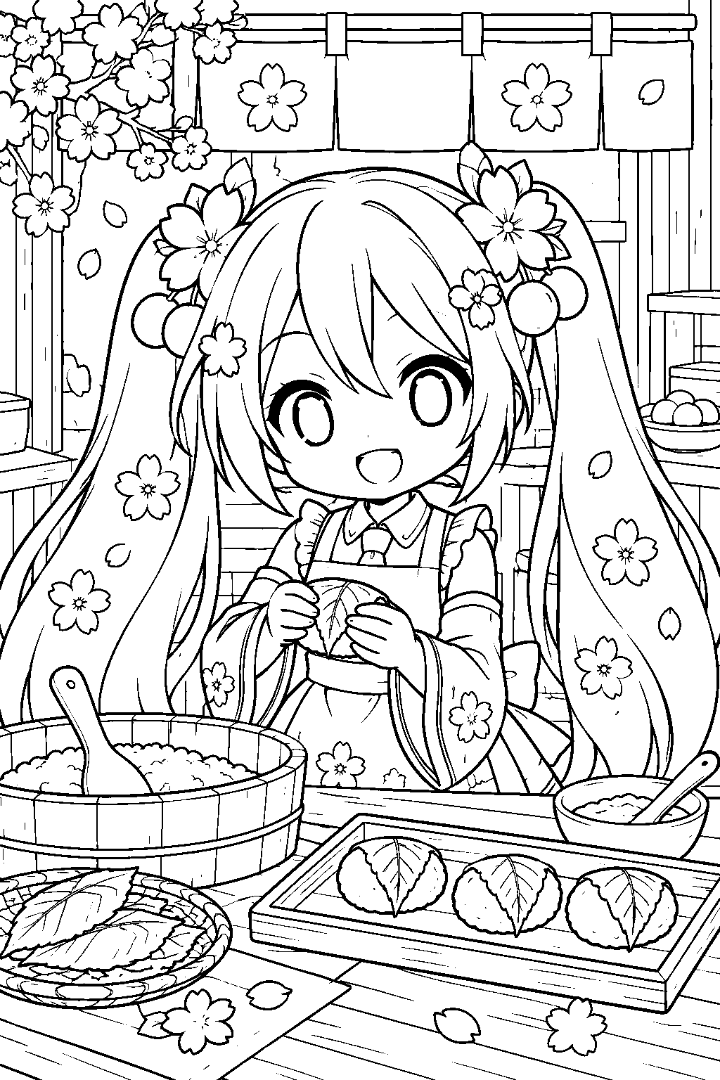 chibi sakura miku making sakura mochi at a traditional sweet shop line art