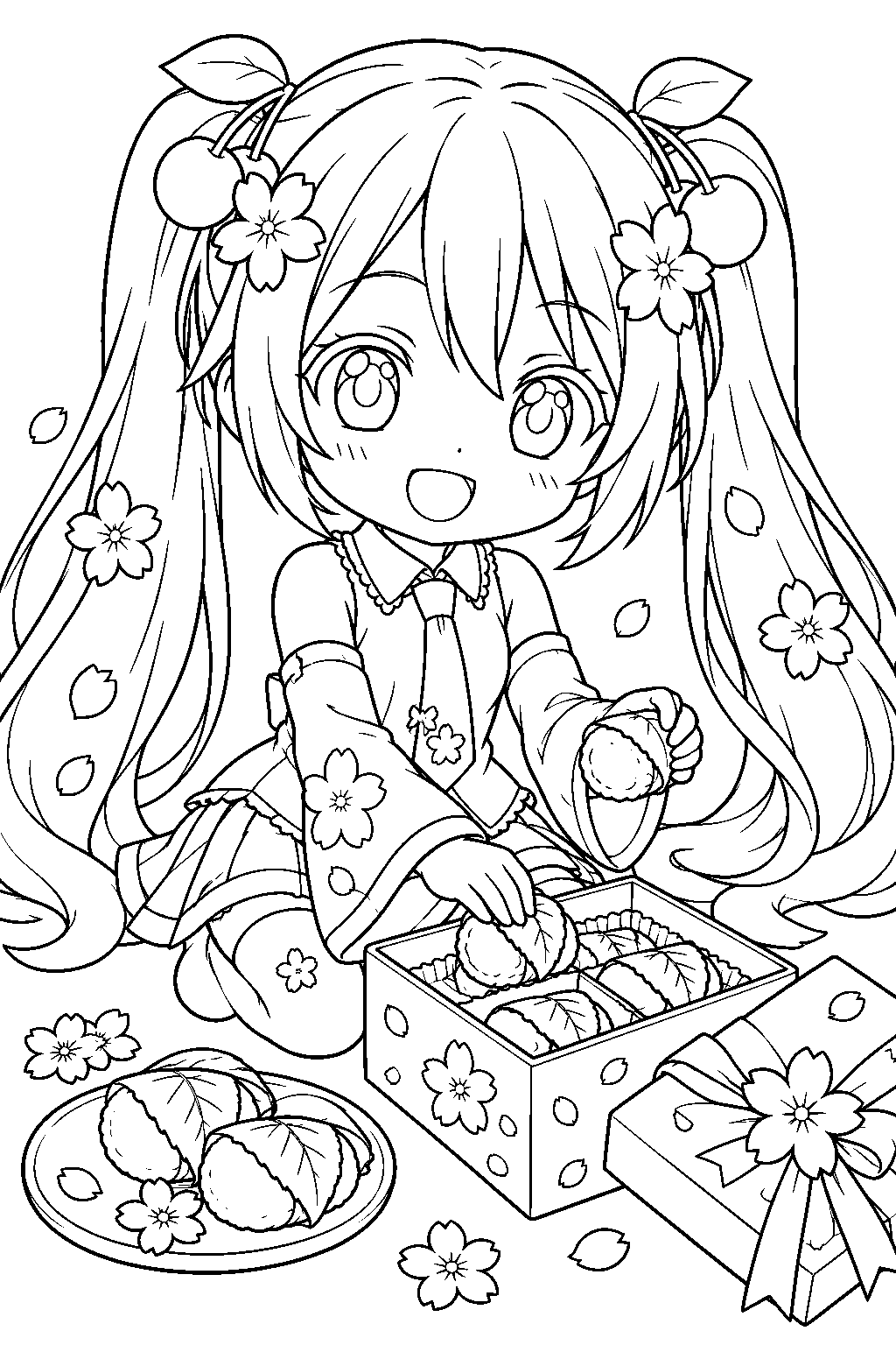 chibi sakura miku packing sakura mochi into a cherry blossom gift box line art