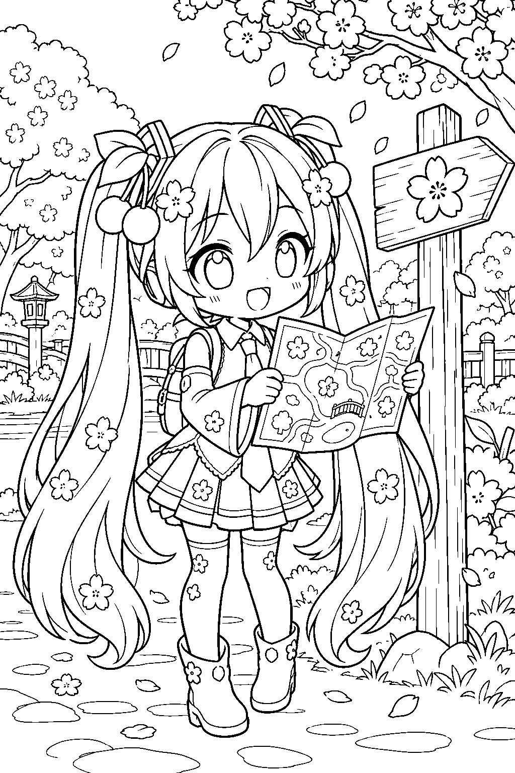 chibi sakura miku reading a festival map beside a cherry blossom park signpost line art