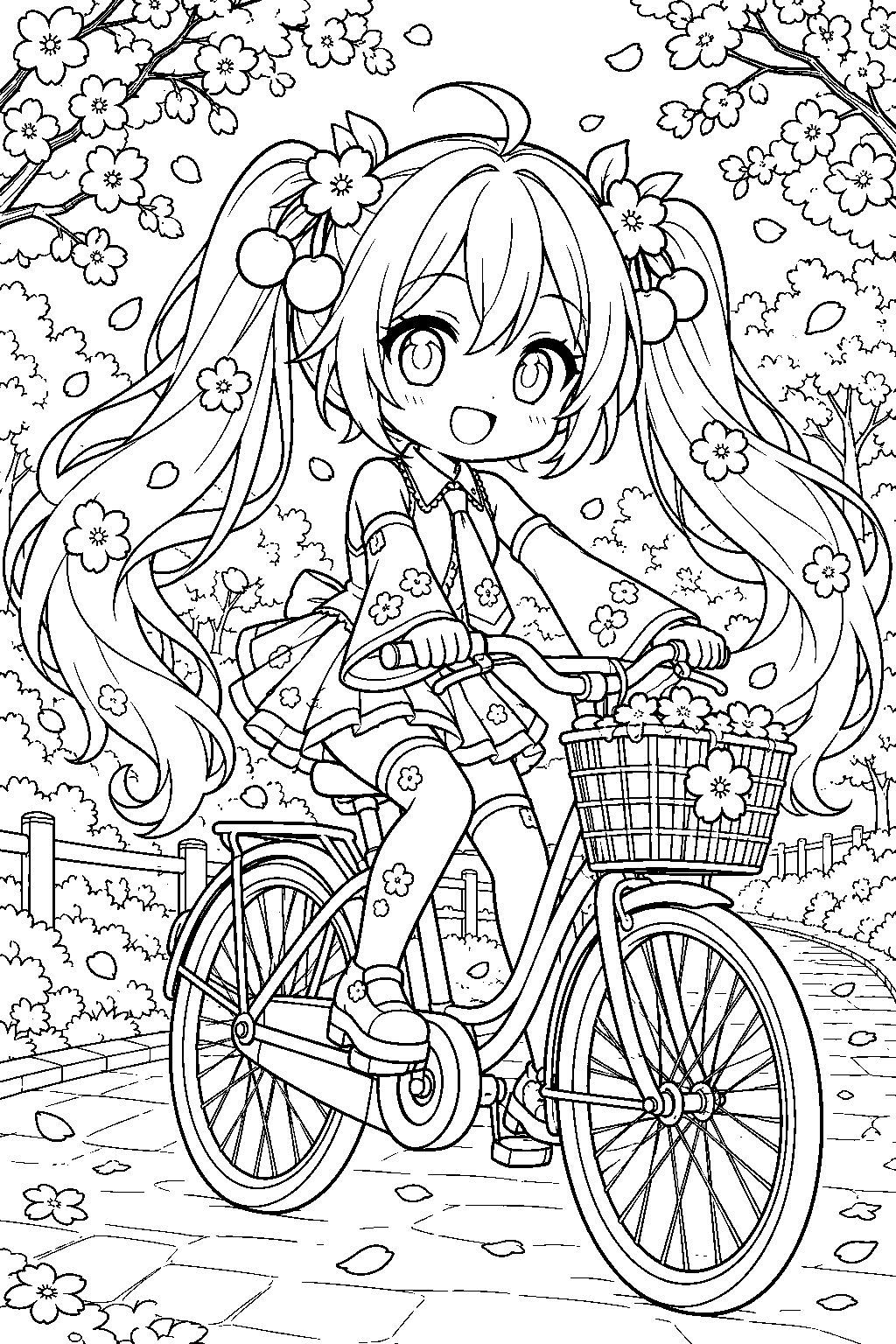 chibi sakura miku riding a bicycle along a cherry blossom lined park path line art